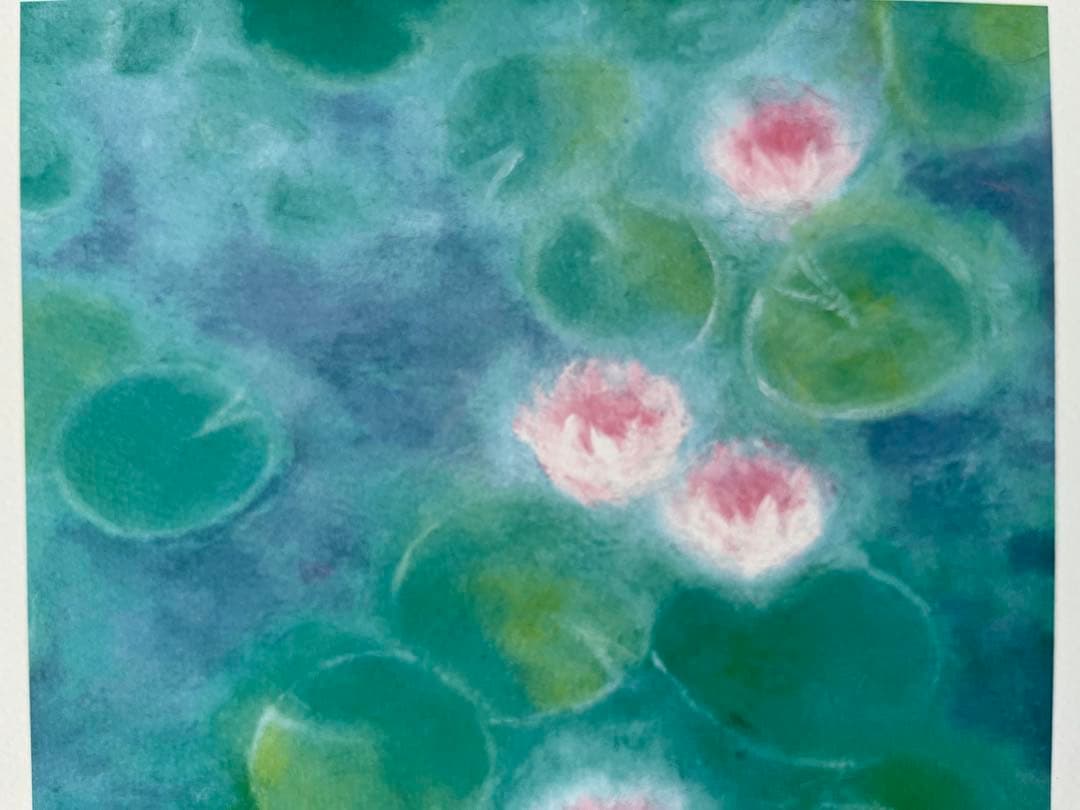 版画　限定　サイン、エデション番号有　額入り　蓮　グリーン系　ジニーキム　睡蓮