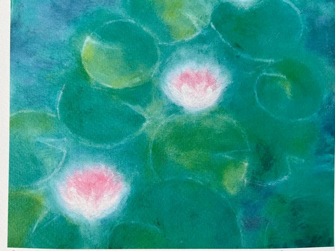 版画　限定　サイン、エデション番号有　額入り　蓮　グリーン系　ジニーキム　睡蓮