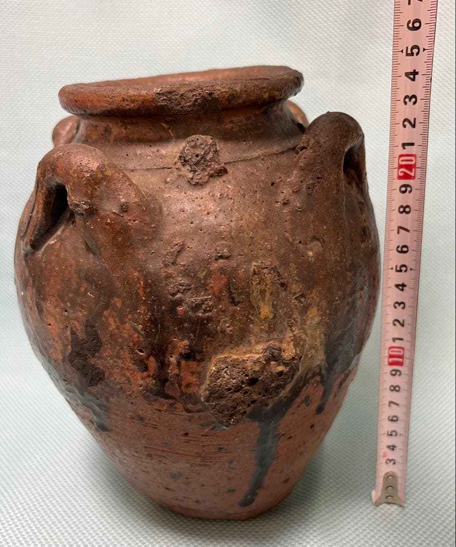 中国明朝（青釉 四耳壺）陶器 骨董品 時代物 高さ24cm解体整理品現状品のみ