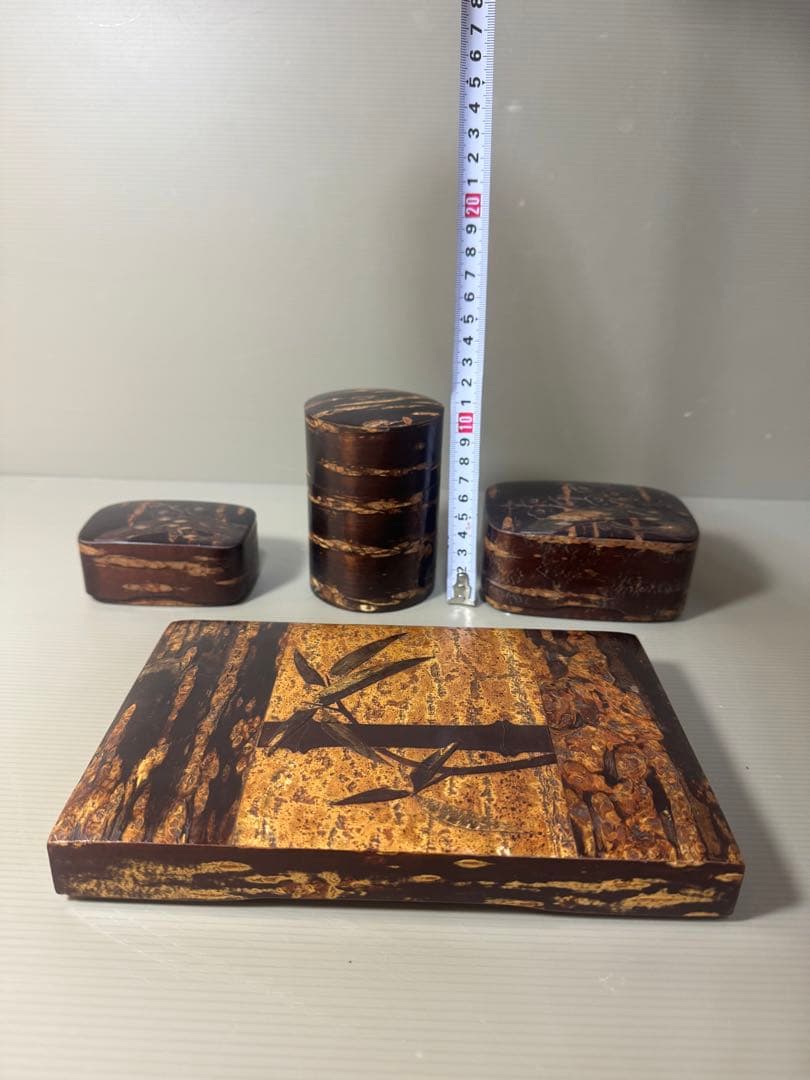 2354 桜皮細工　樺細工　蓋型小物入れ3客　茶入1客