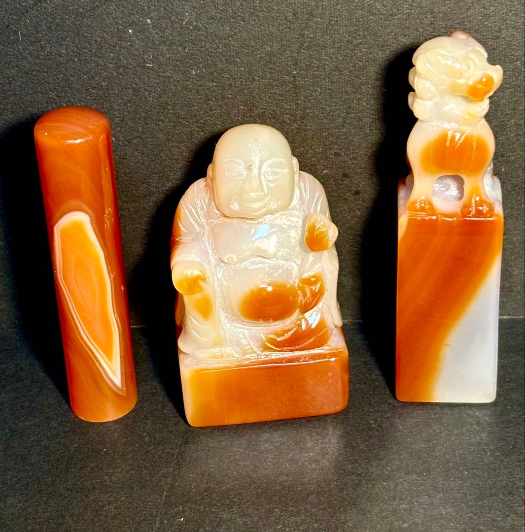 瑪瑙の印材（3個未使用）碧玉印材（1個未使用）布袋様（石）