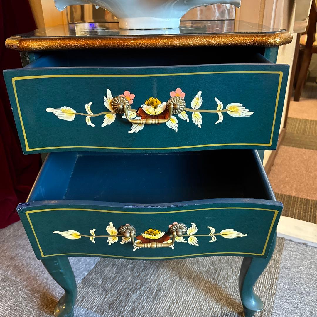 ロココ調チェスト ダークグリーン 2段引き出し　時計付き