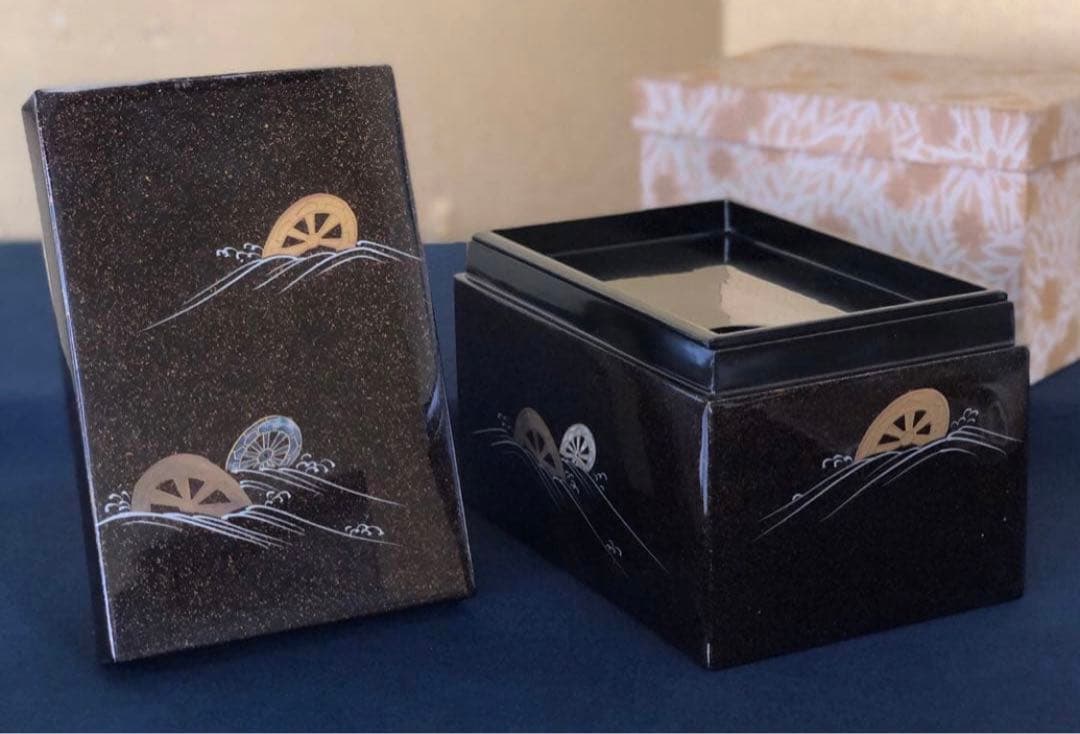 《R》茶道具 梨地 波車蒔絵 螺鈿 青貝 茶箱 木製漆器　260109き2