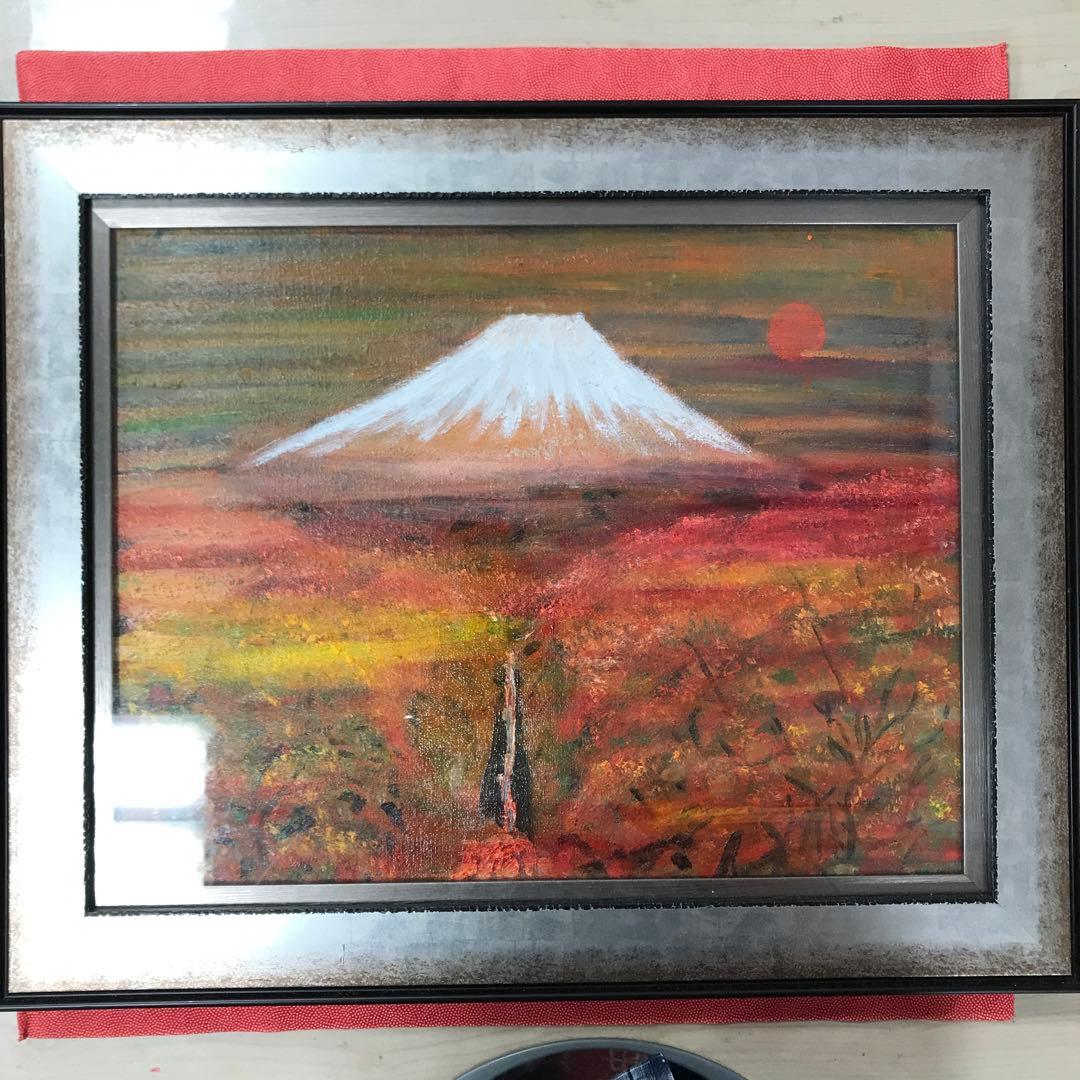 油彩画　真筆保証　富士山と滝と紅葉　自作絵画　堀口　守