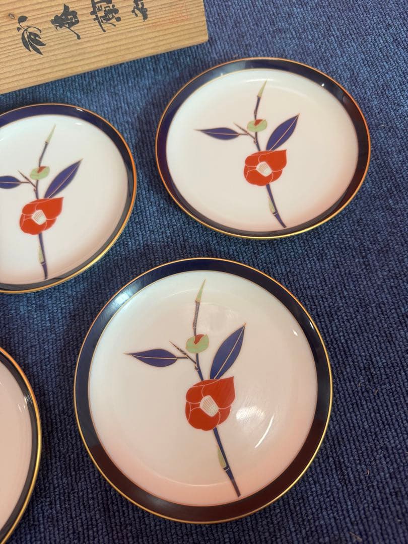 1952 香蘭社　紅椿文　皿　5客　金彩　未使用