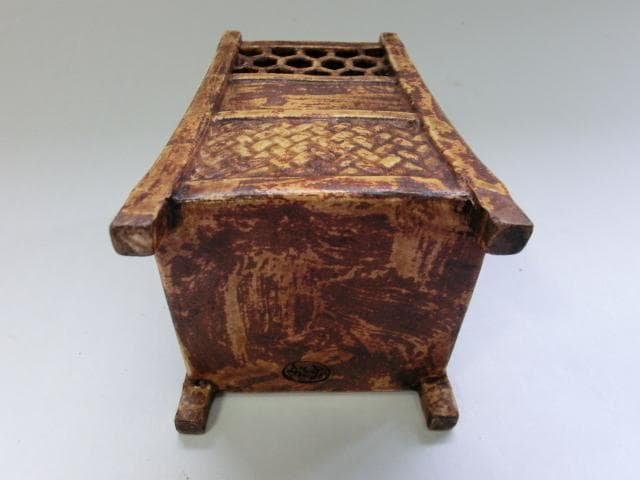 筆立■「木米」茶杓立て 筆筒 古い籠型透かし筆立て 四足 扇型穴 櫓型 骨董品■