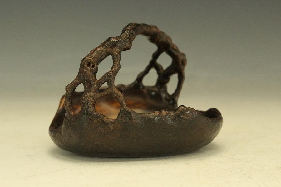 紫檀 刻 手付 皿 文房四宝 卓上飾 高7.8cm(HA490)