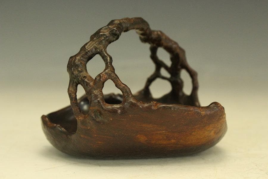 紫檀 刻 手付 皿 文房四宝 卓上飾 高7.8cm(HA490)