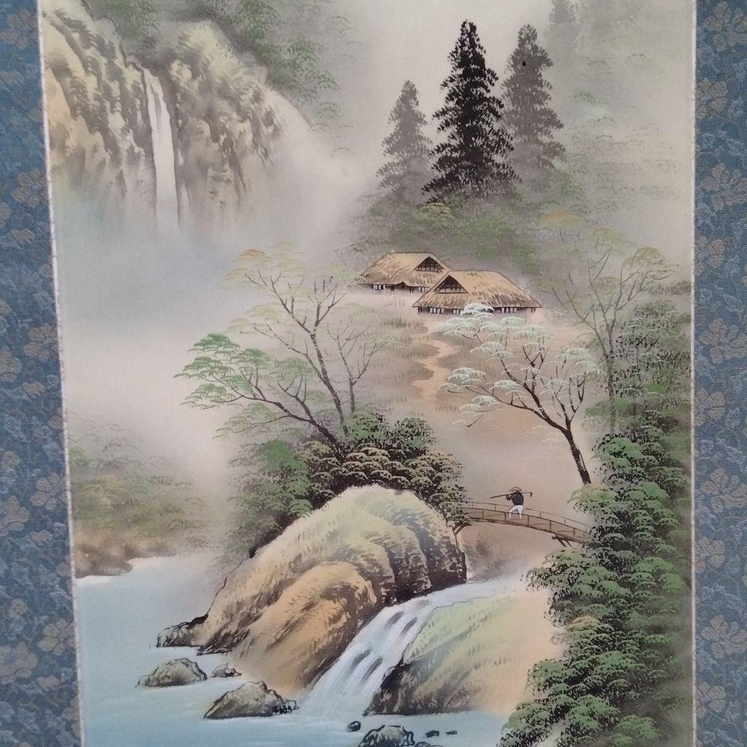 掛け軸 【彩色山水図】 春川先生 筆  絹本 日本画 軸装 掛軸