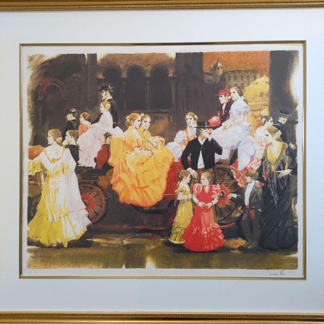 斎藤三郎　大判リトグラフ『祭りの馬車』直筆サイン入、ウコン布&共箱付