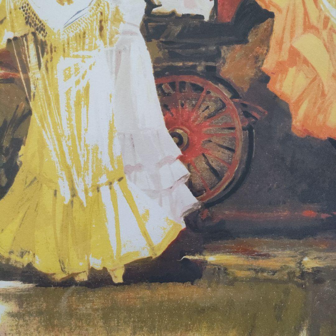 斎藤三郎　大判リトグラフ『祭りの馬車』直筆サイン入、ウコン布&共箱付