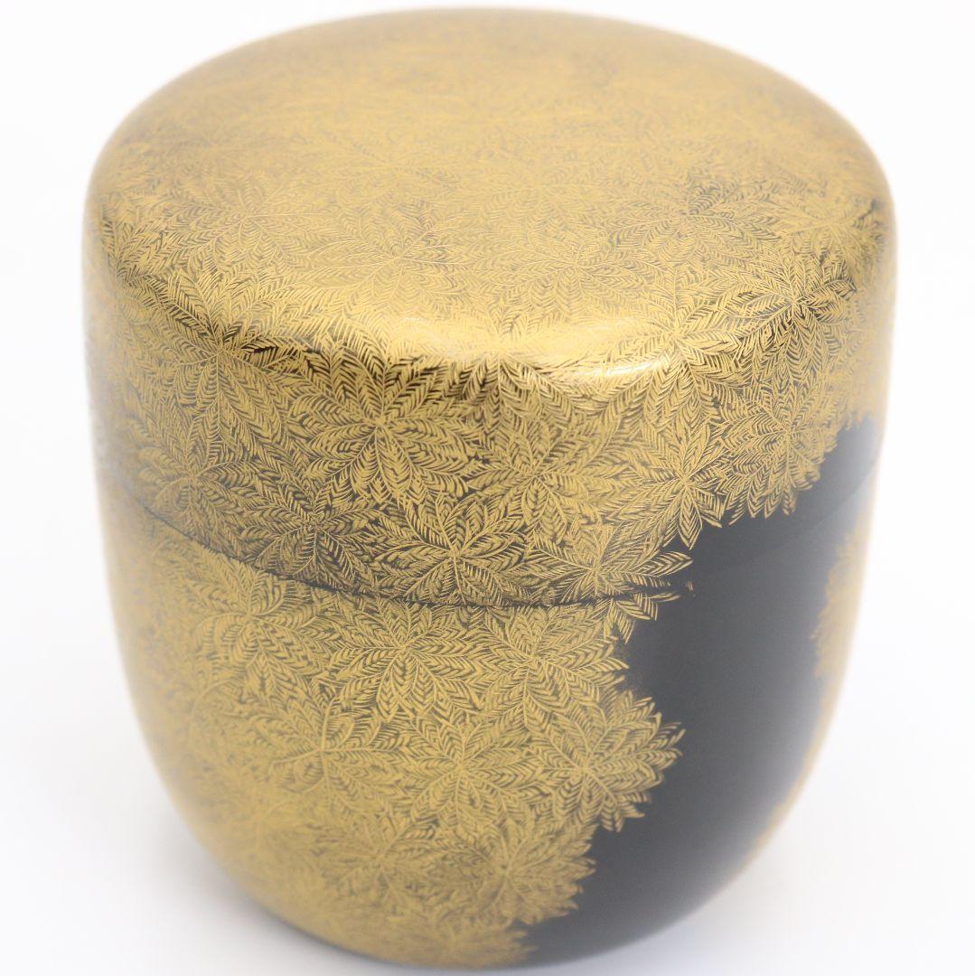 照月作 輪島塗 しのぶ文 沈金 中棗 茶道具 共箱共布　V939　N8