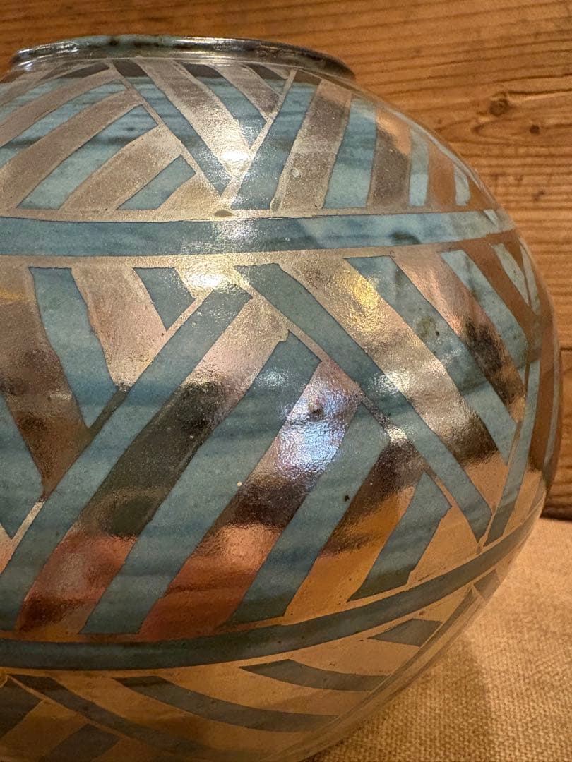 松崎健　呉須釉白金彩更紗文壷　共箱　未使用品