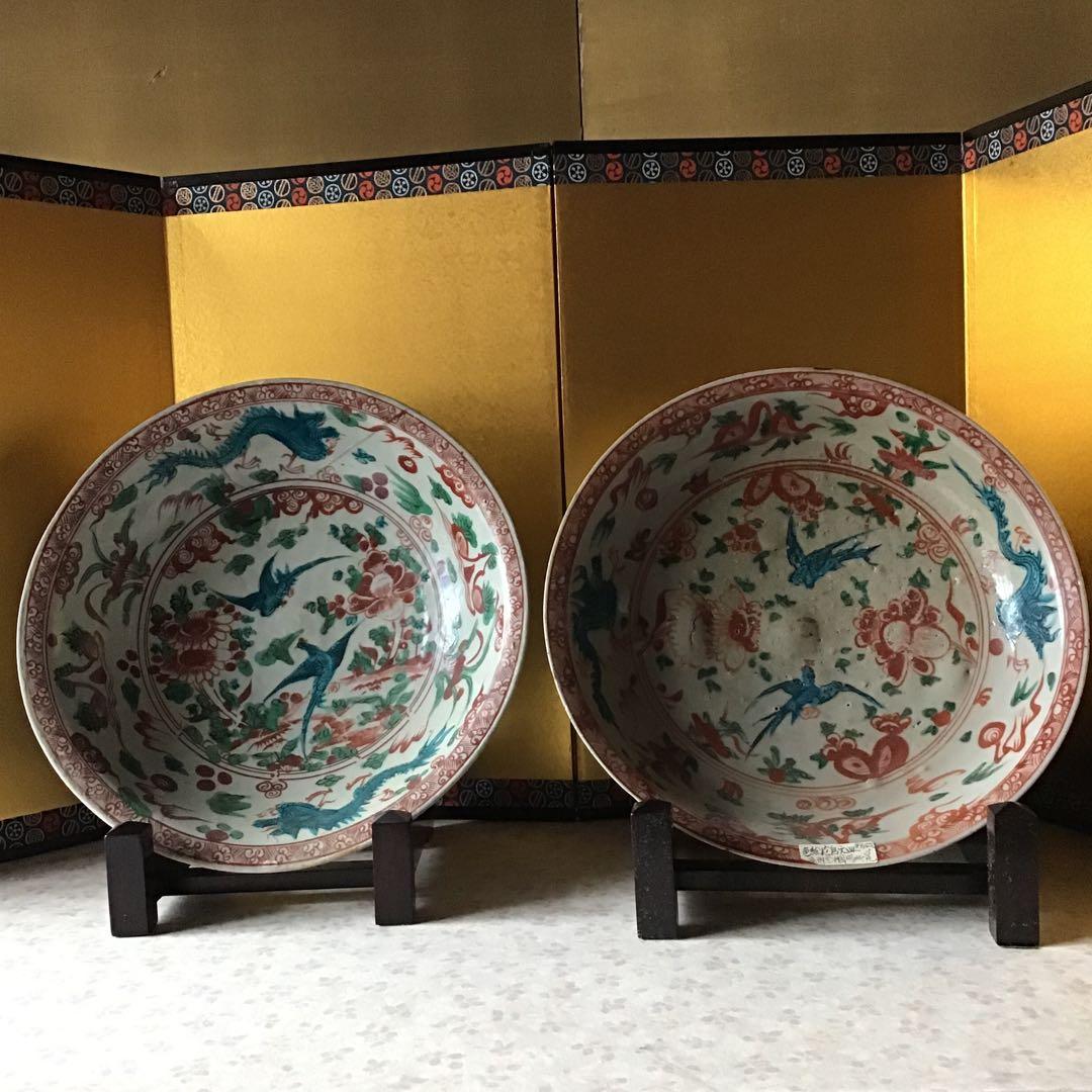 中国　明時代　呉須赤絵　漳洲窯14世紀2枚　　　　　　　　Z1