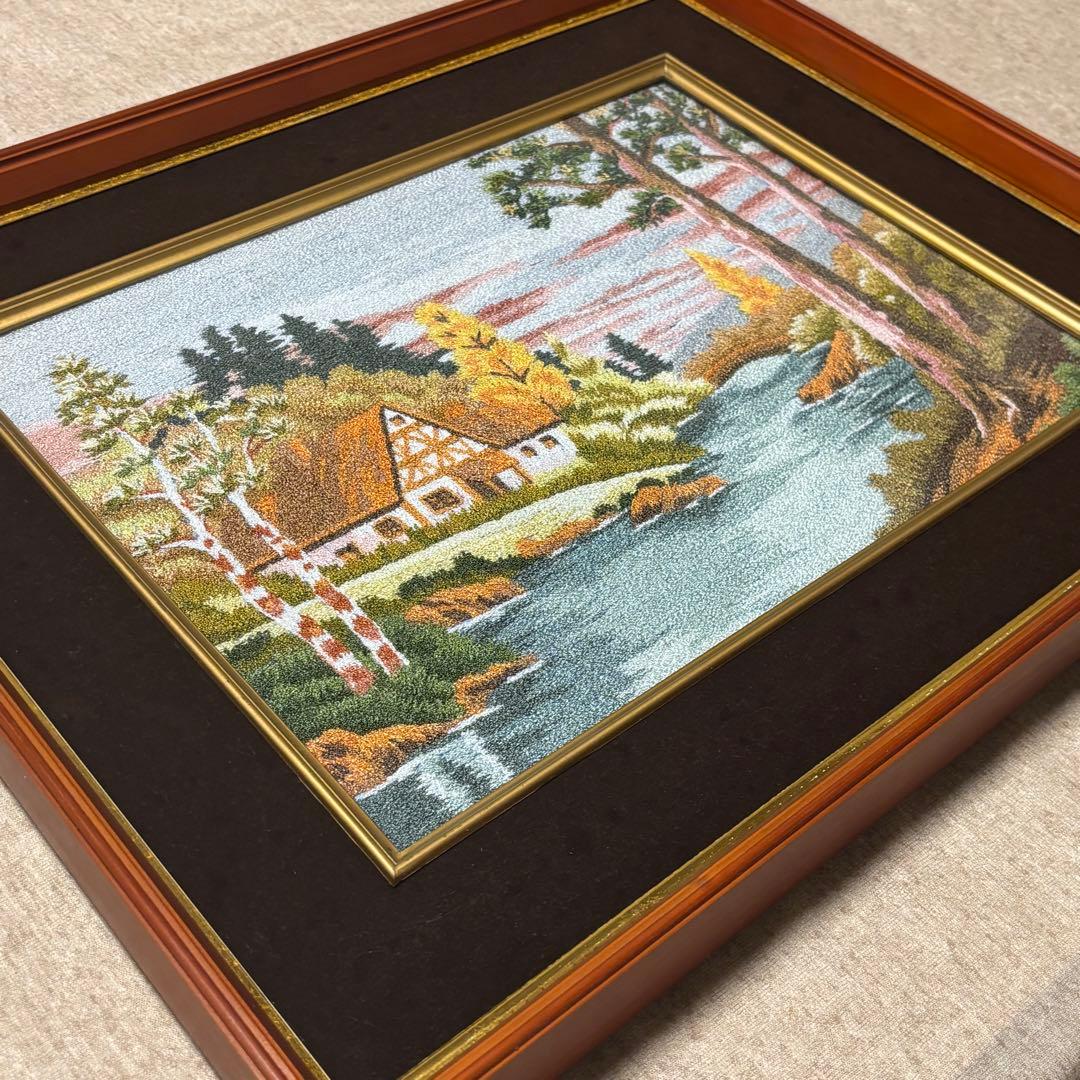 ヴィンテージ アンティーク 松鳩文化刺繍 専用額縁つき 風景 糸の絵