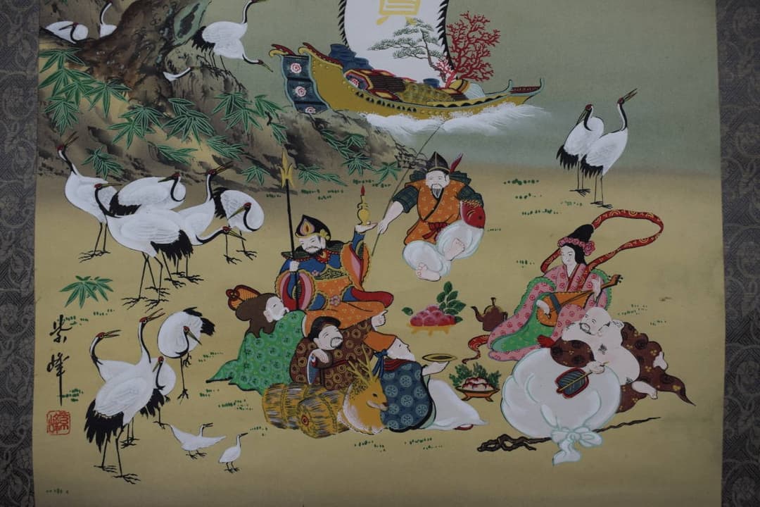 【真作】紫峰/七福神と百鶴図/群鶴/掛軸☆宝船☆Y-454　JM