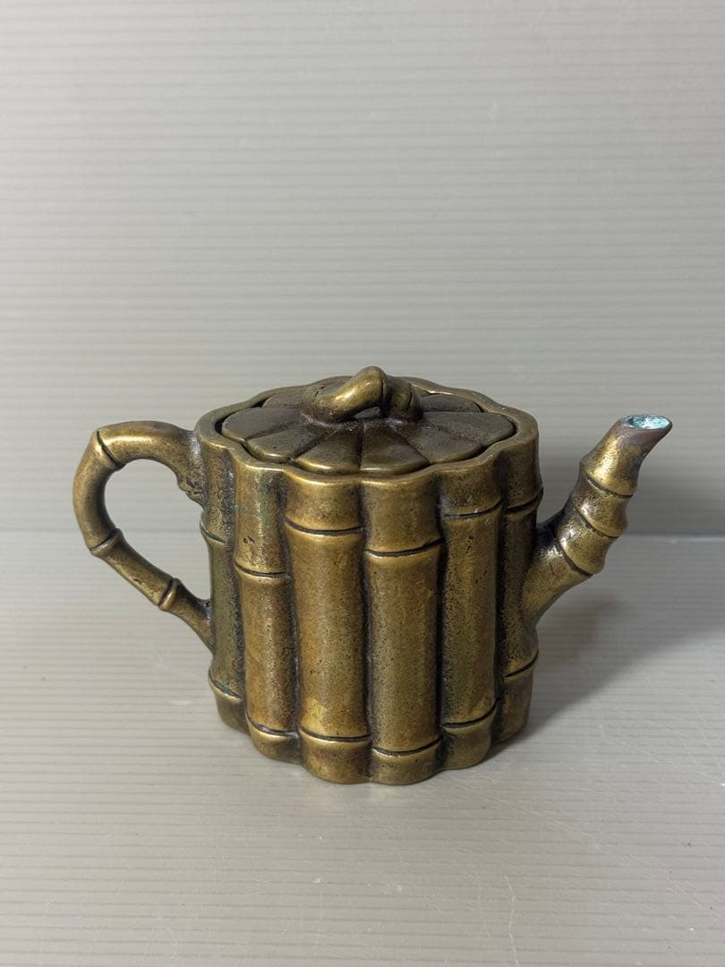 2357 中国骨董　乾隆御製銘　金銅竹節　急須　時代物