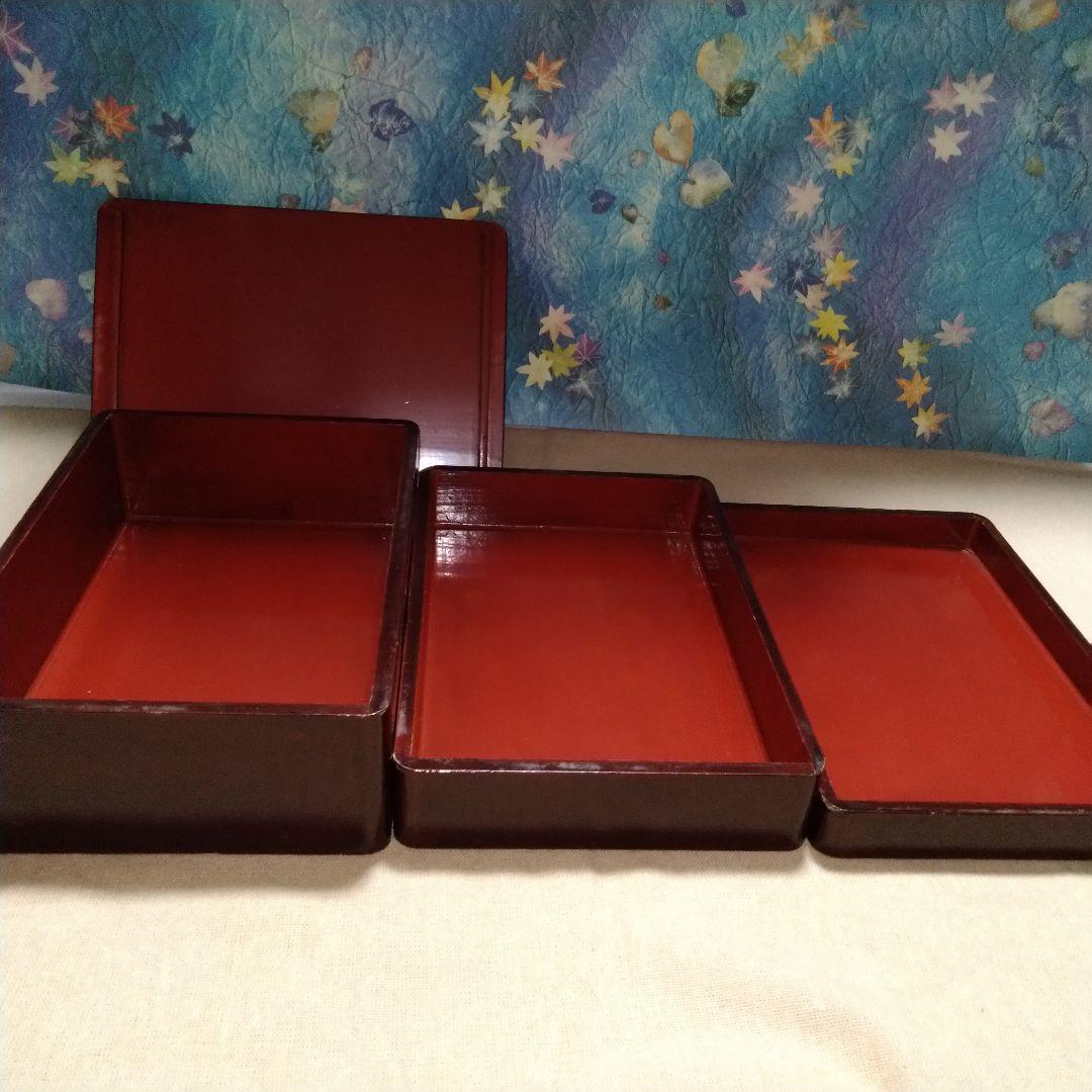 ☘ 明治時代 骨董 漆器 　野弁当　重箱 風景花絵　漆塗内朱　天然木