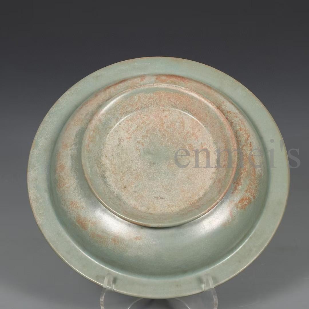 中国古美術・宋汝窯款・天青釉折沿盤・観賞用陶磁器・陶芸・置物・食器・禮品・木箱付