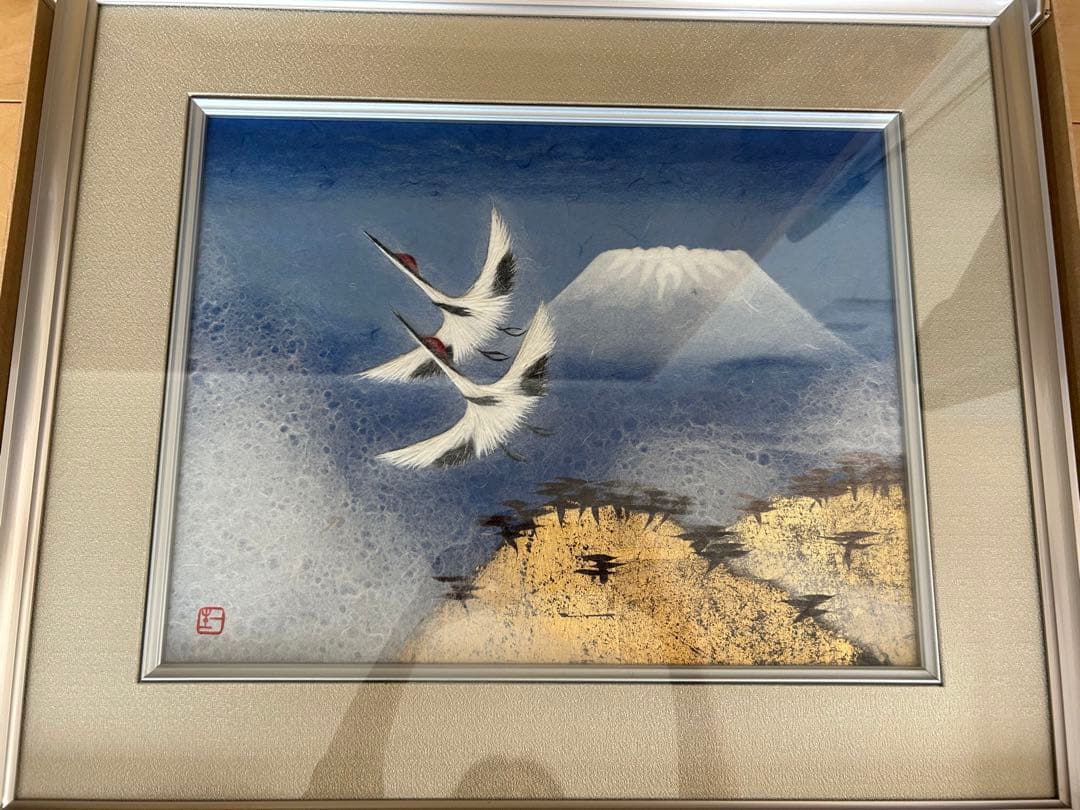 和紙工芸☆小原和紙☆山内一生工房☆縁起物☆鶴☆富士山☆芸術☆絵画☆未使用