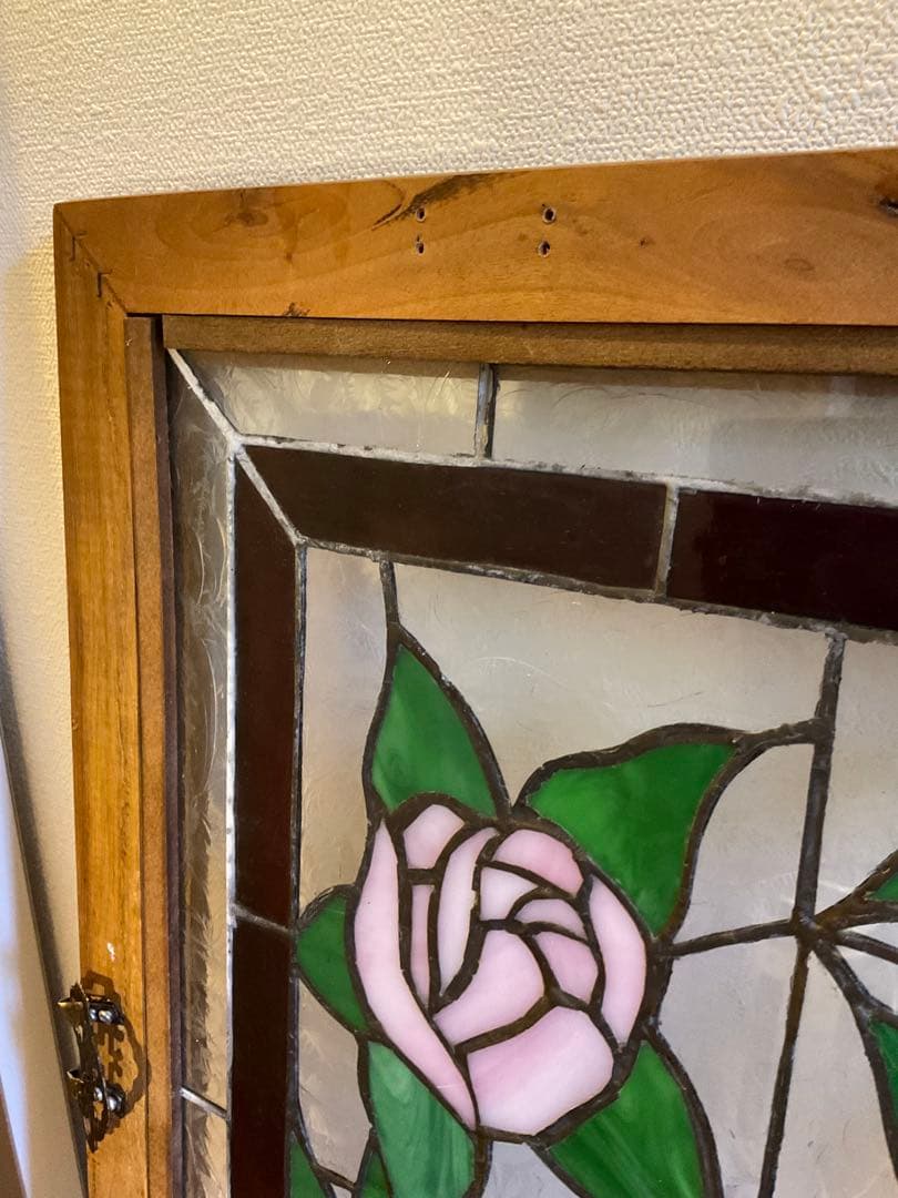 額装 ステンドグラス　薔薇 バラ　窓　アンティーク　ヴィンテージ　大正 浪漫