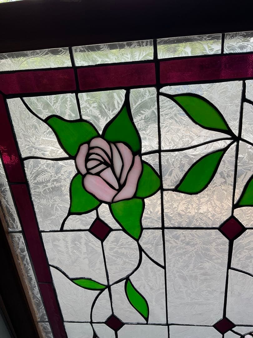 額装 ステンドグラス　薔薇 バラ　窓　アンティーク　ヴィンテージ　大正 浪漫