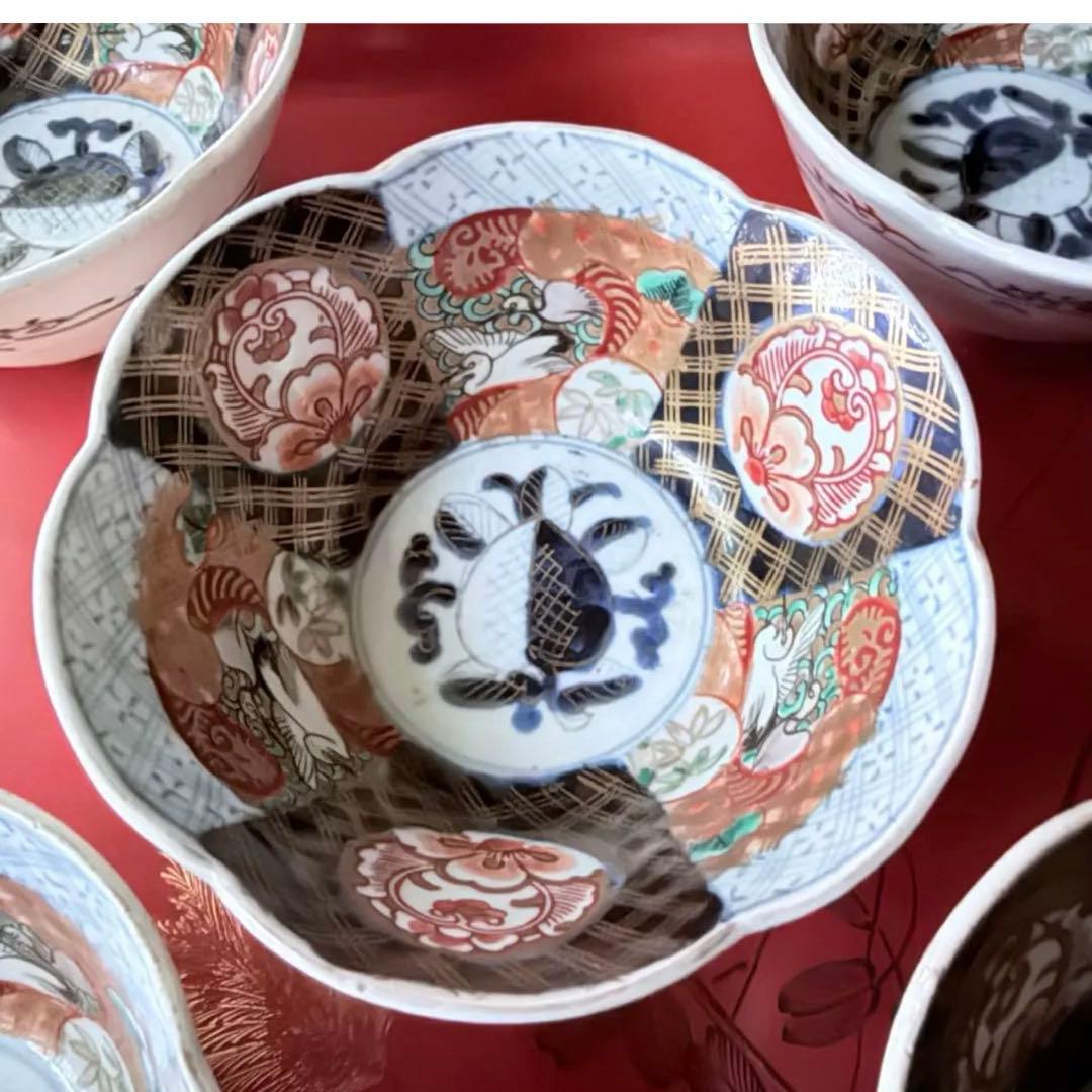 2242様感謝‼️春‼️伊万里錦手向付おひたしにはこれ‼️桃手鶴六弁花在銘向付鉢 5客