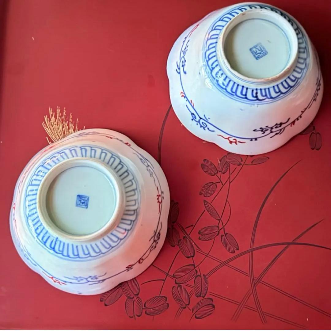 2242様感謝‼️春‼️伊万里錦手向付おひたしにはこれ‼️桃手鶴六弁花在銘向付鉢 5客