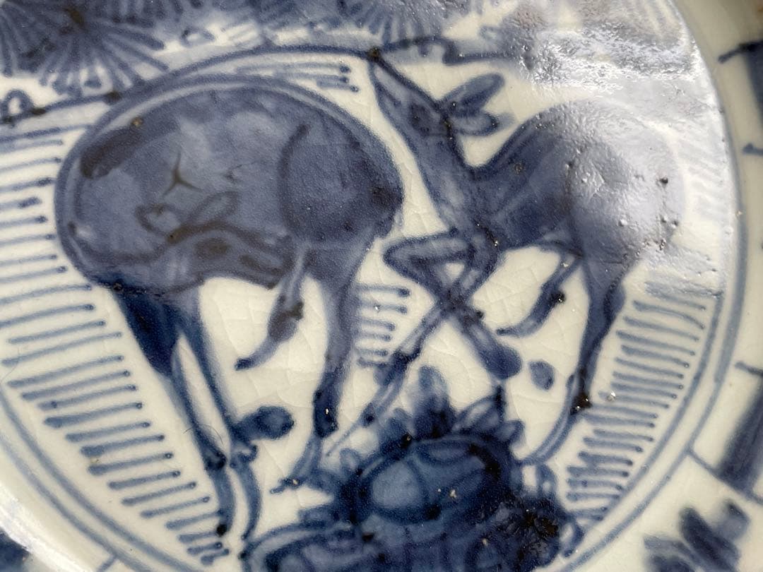 骨董　アンティーク　古染付　芙蓉手　双鹿図　皿　七寸皿