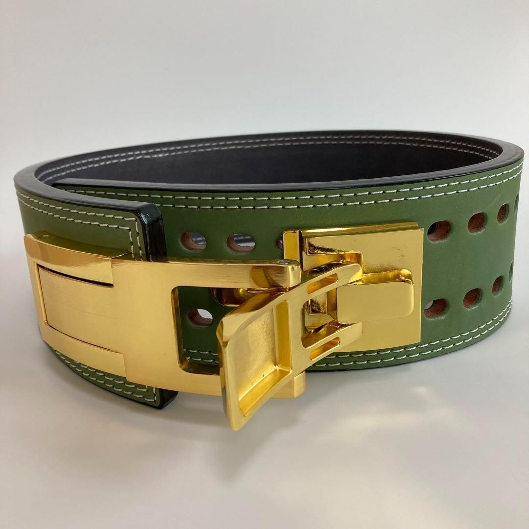 パワーベルト Sサイズ ワンタッチ可変式 本革100％ 緑×ゴールド レバー