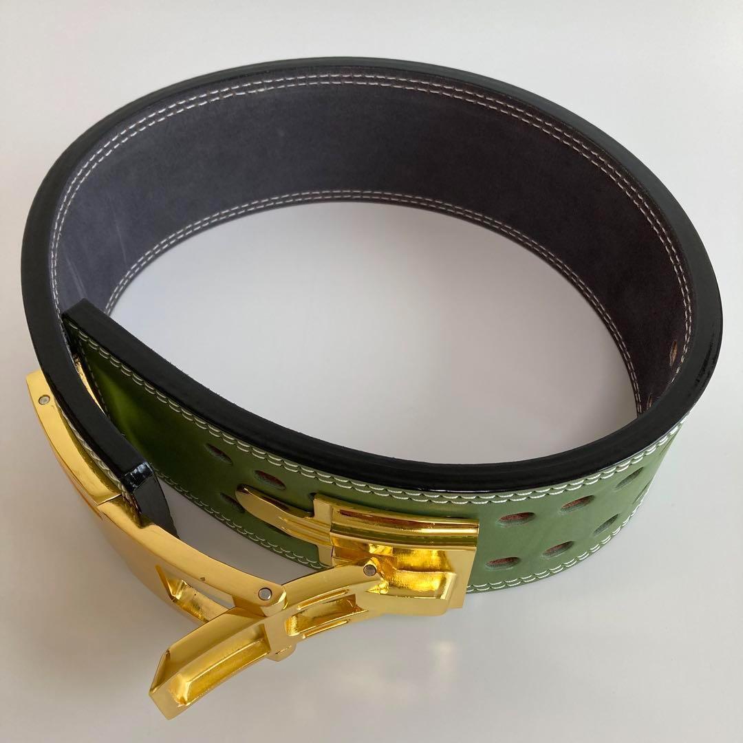 パワーベルト Sサイズ ワンタッチ可変式 本革100％ 緑×ゴールド レバー