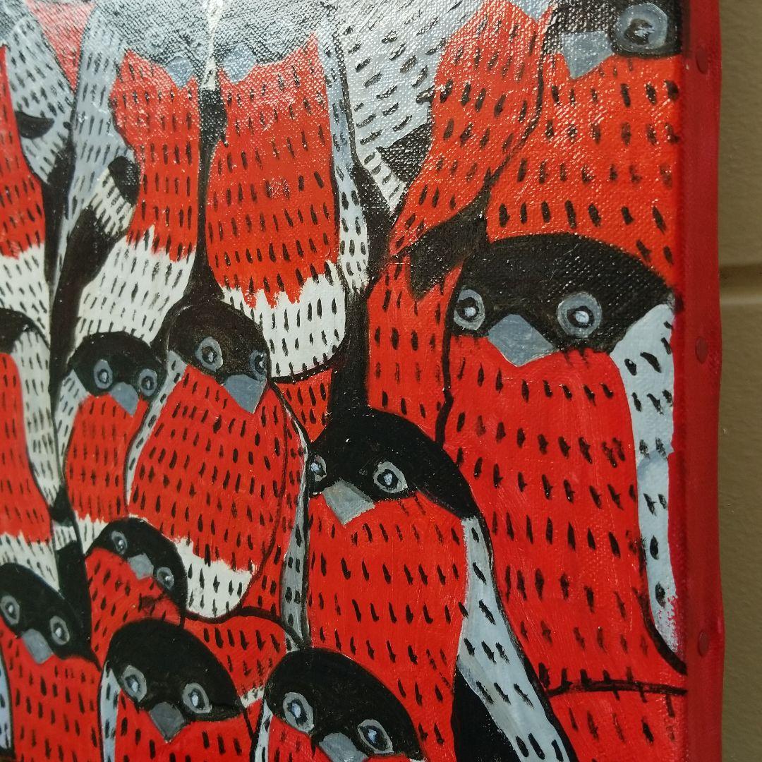 油絵　あらんぼん　仲良く集まるくちばしの小さな鳥たち　密は楽し