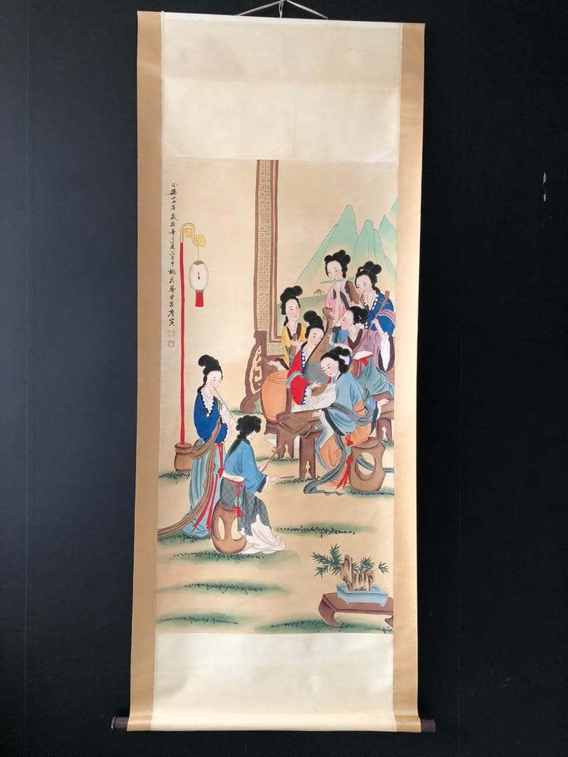 唐寅 仕女図 掛け軸 四尺 手描き 中国美術 絵画 書画 人物画 インテリア