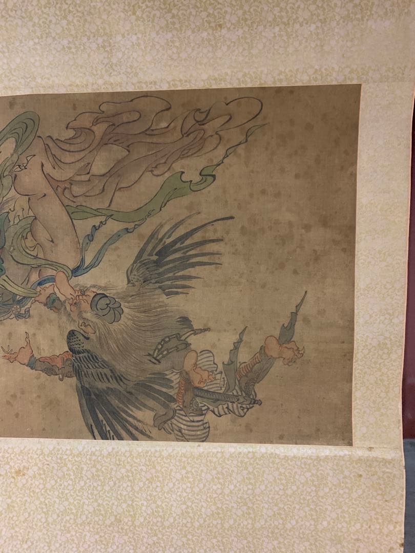 『X6449』『無落款 天狗に天女図』 日本画 江戸絵画 仏教絵画 掛軸