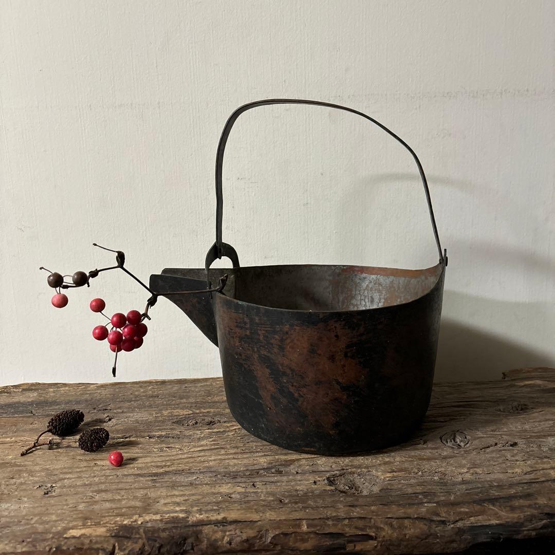 シャビー 古い片口銅鍋その④コッパーケトル　骨董　ガーデニング　古道具　検:李朝