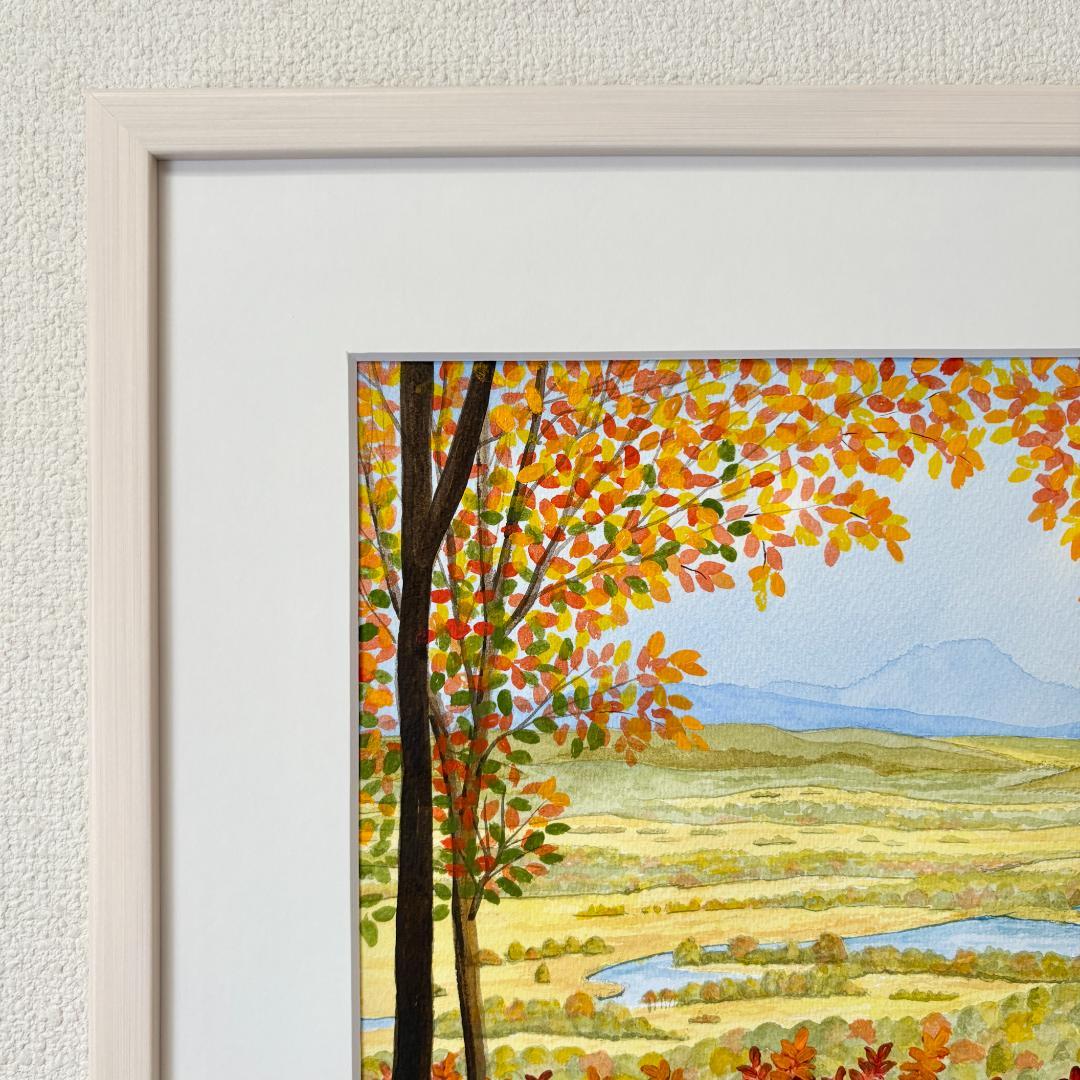 透明水彩画　原画　「釧路湿原・秋01」額縁付き　F4サイズ　風景画