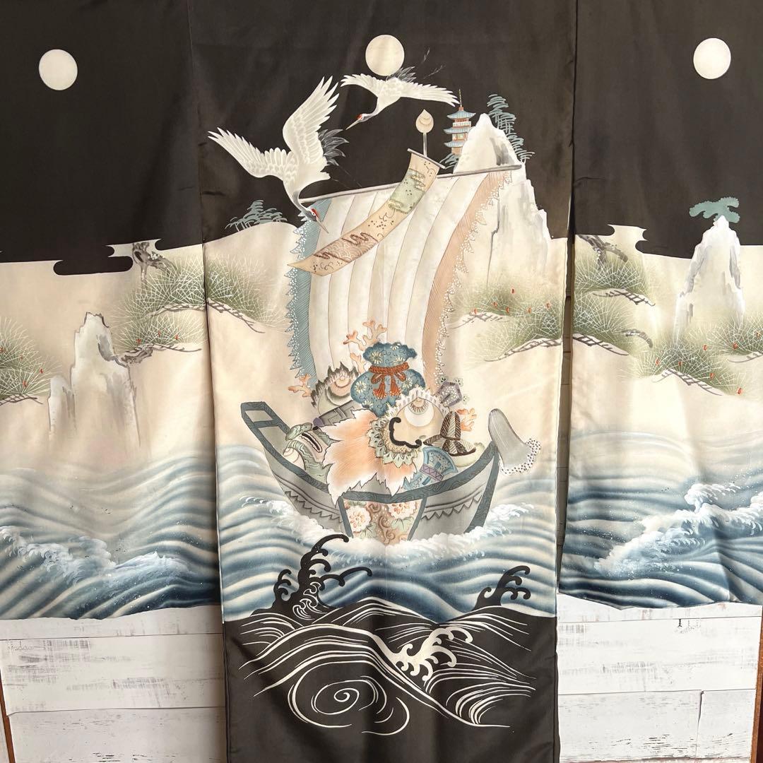 5502◆男の子アンティーク着物五つ紋宝船番鶴波手描き手刺繍時代古裂品格ある逸品