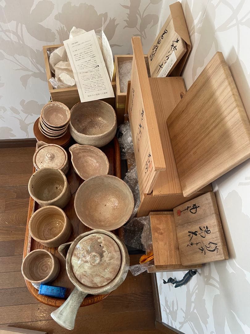 未使用　萩焼　茶道具セット 20点 陶器・木製茶托　 おぼん　トレイ　まとめ売り