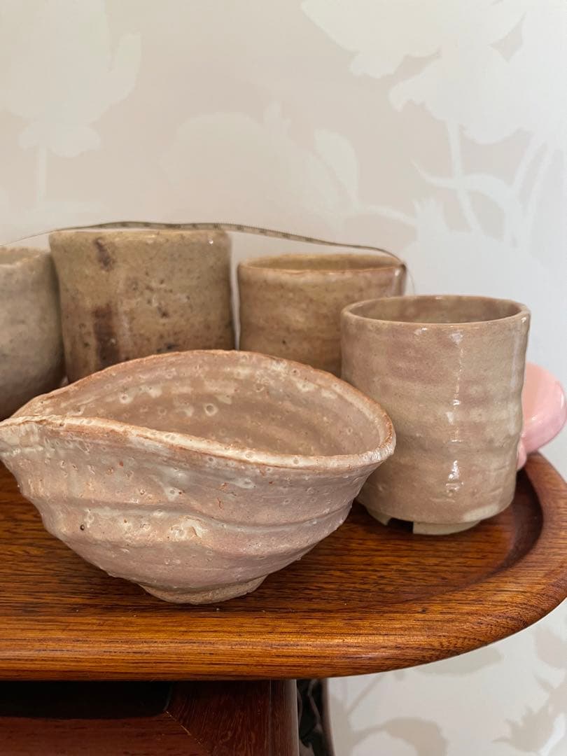 未使用　萩焼　茶道具セット 20点 陶器・木製茶托　 おぼん　トレイ　まとめ売り