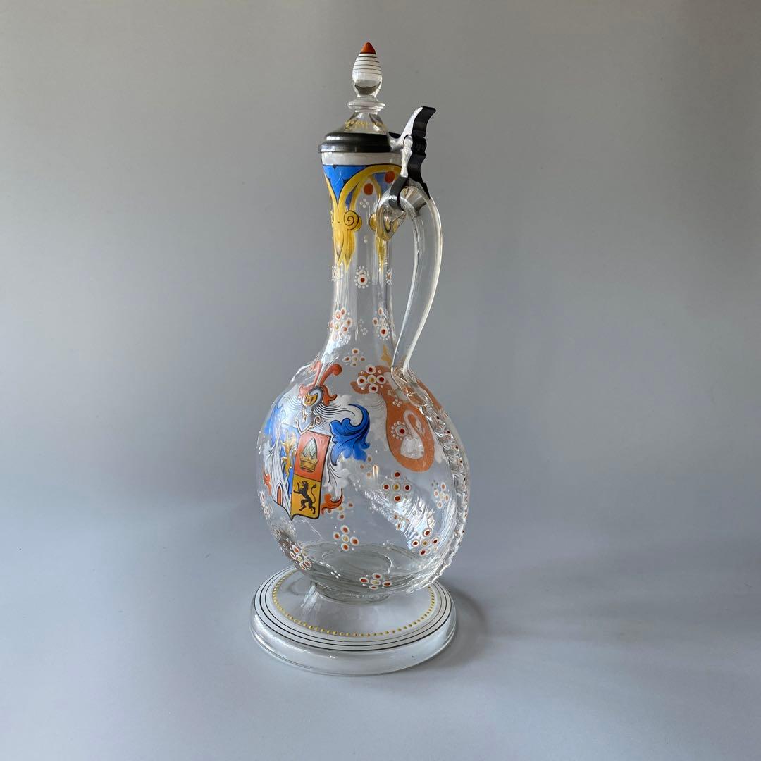 18世紀末 ドイツ 紋章入り エナメル彩ガラス デキャンタ 蓋付