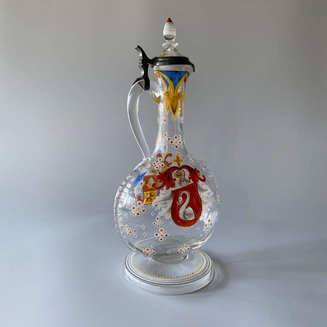 18世紀末 ドイツ 紋章入り エナメル彩ガラス デキャンタ 蓋付