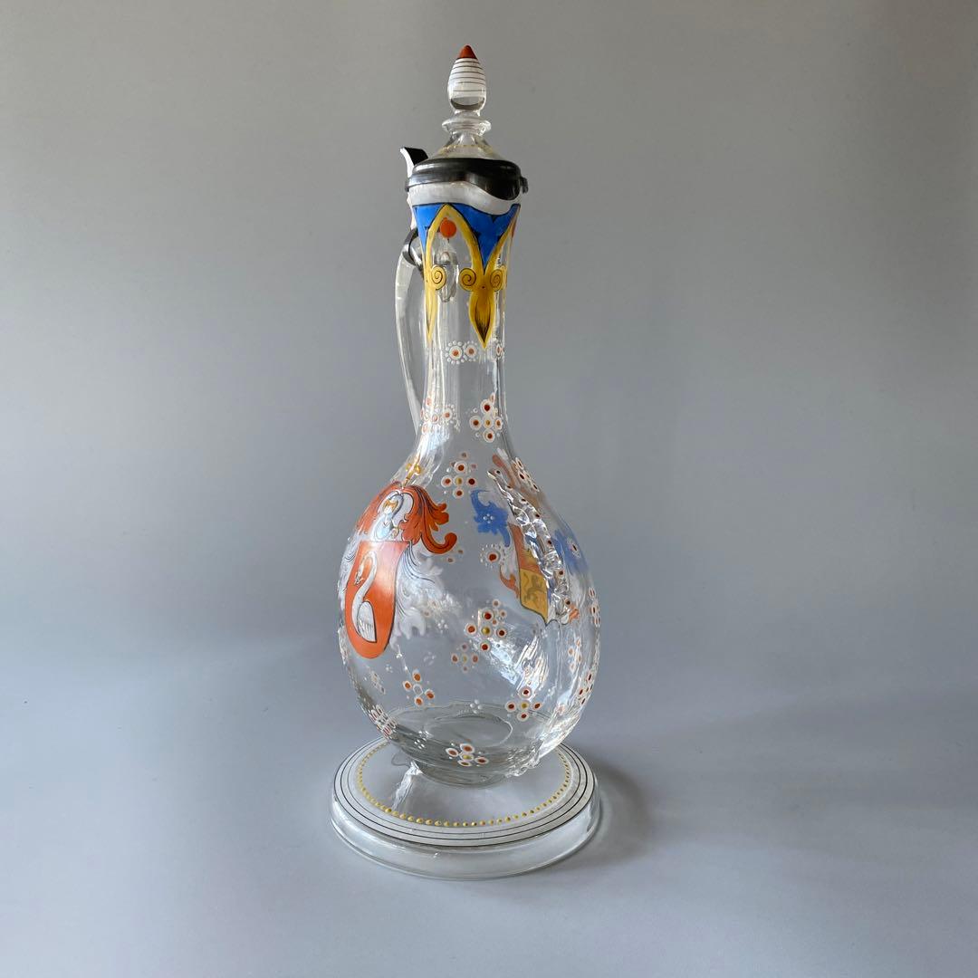 18世紀末 ドイツ 紋章入り エナメル彩ガラス デキャンタ 蓋付