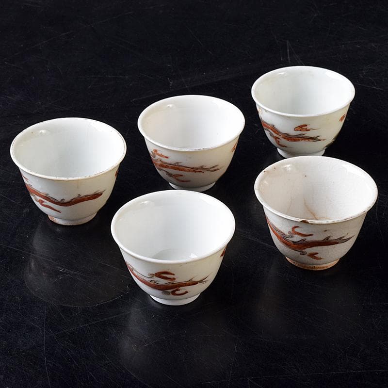 中国　南京赤絵　雲龍文　煎茶碗　五客　時代箱付　D　R8753