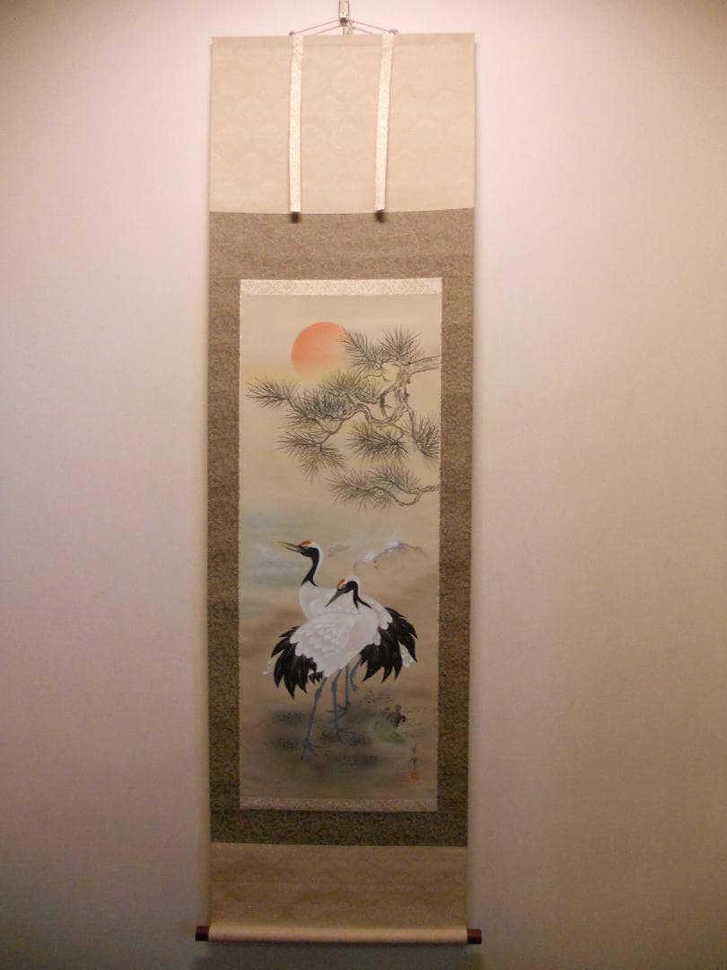 掛け軸 月峰 『 松鶴 』 絹本 希少 軸装 茶道具 掛軸 美品 です。