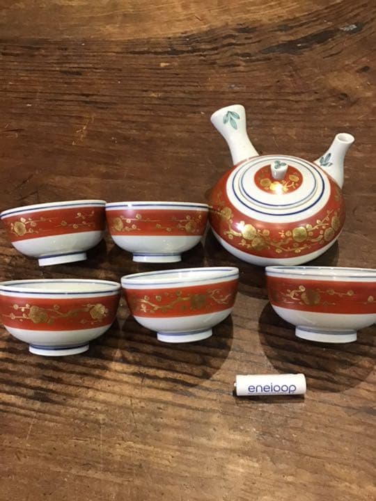 吉田美統　錦山銘　赤地金蘭手茶器揃え　茶具　人間国宝