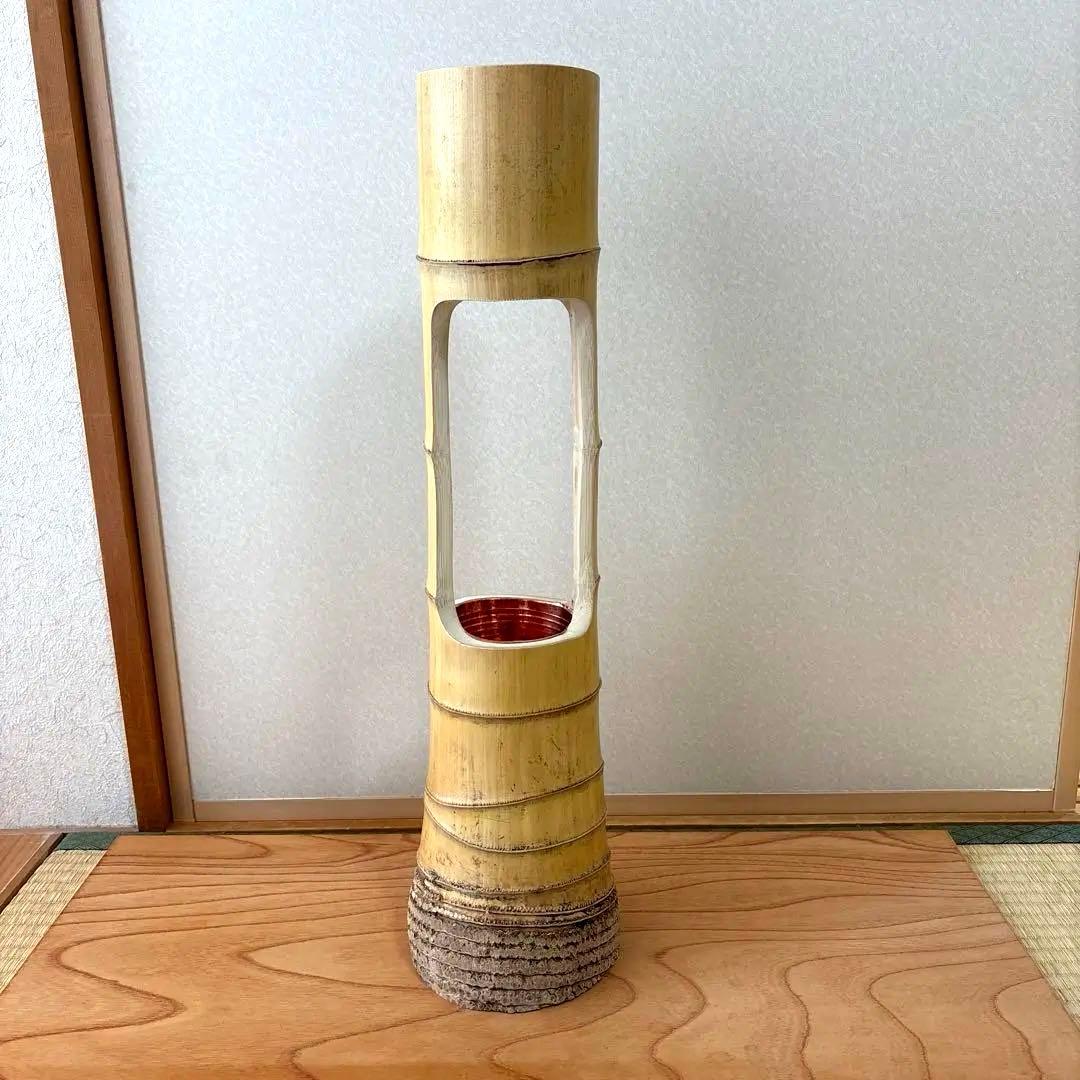 45 美品　根付き　二重切り　二重切　 生け花　竹花入れ　華道具