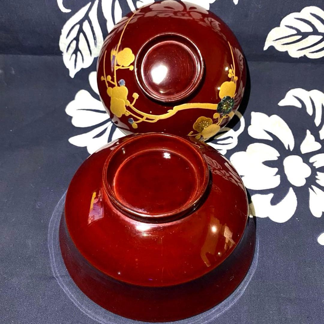 大正時代物骨董　天然木製漆器椀　梅柄金蒔絵・螺鈿　外朱内黒　菓子椀・雑煮椀　二客
