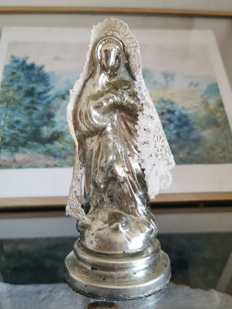 アンティーク 水銀ガラス赤子を抱くマリア像 ＆ブリュッセルレース ポワンドローズ