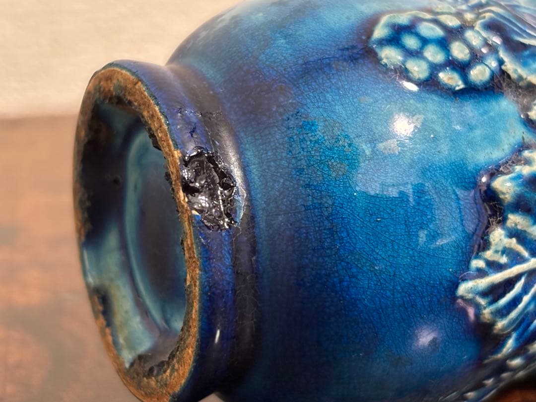 李朝　総瑠璃釉 葡萄文小壷 /骨董 古美術 壺 茶道具 唐物 染付 古玩