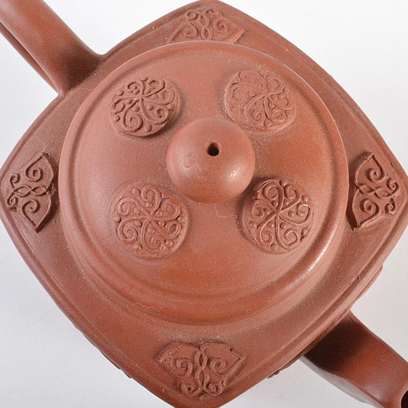 中国　紫砂　朱泥　山水人物神獣文　四方急須　茶壷　在銘　C　R6149